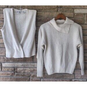 Set Of 2 Vintage 80s Sweaters Silk Angora Blend Cream Size M Vest Pullover
